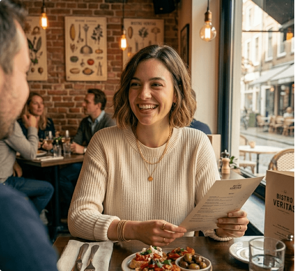 Smiling woman reading a menu at a warm bistro table